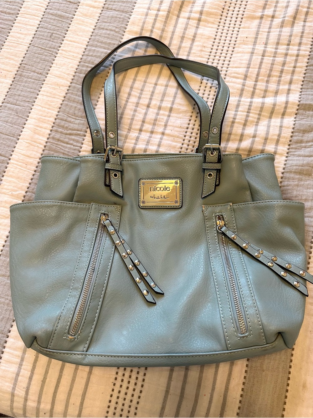 Nicole Miller SOPHIA Large Tote with Zippers and Studs Blue